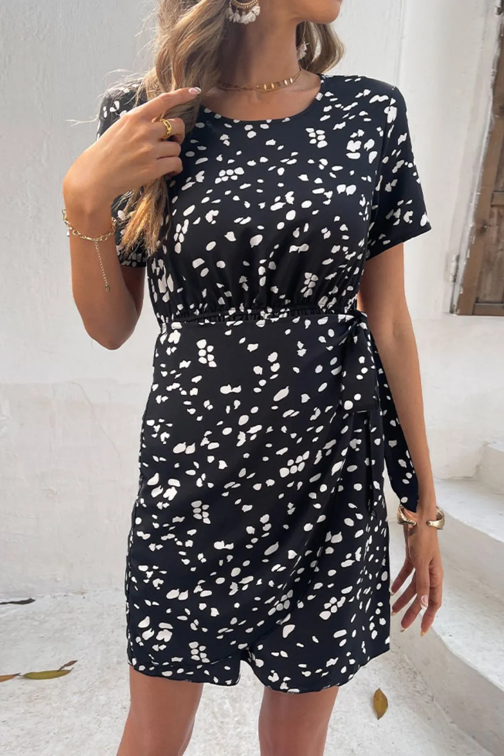 Animal Print Belted Keyhole Round Neck Dress