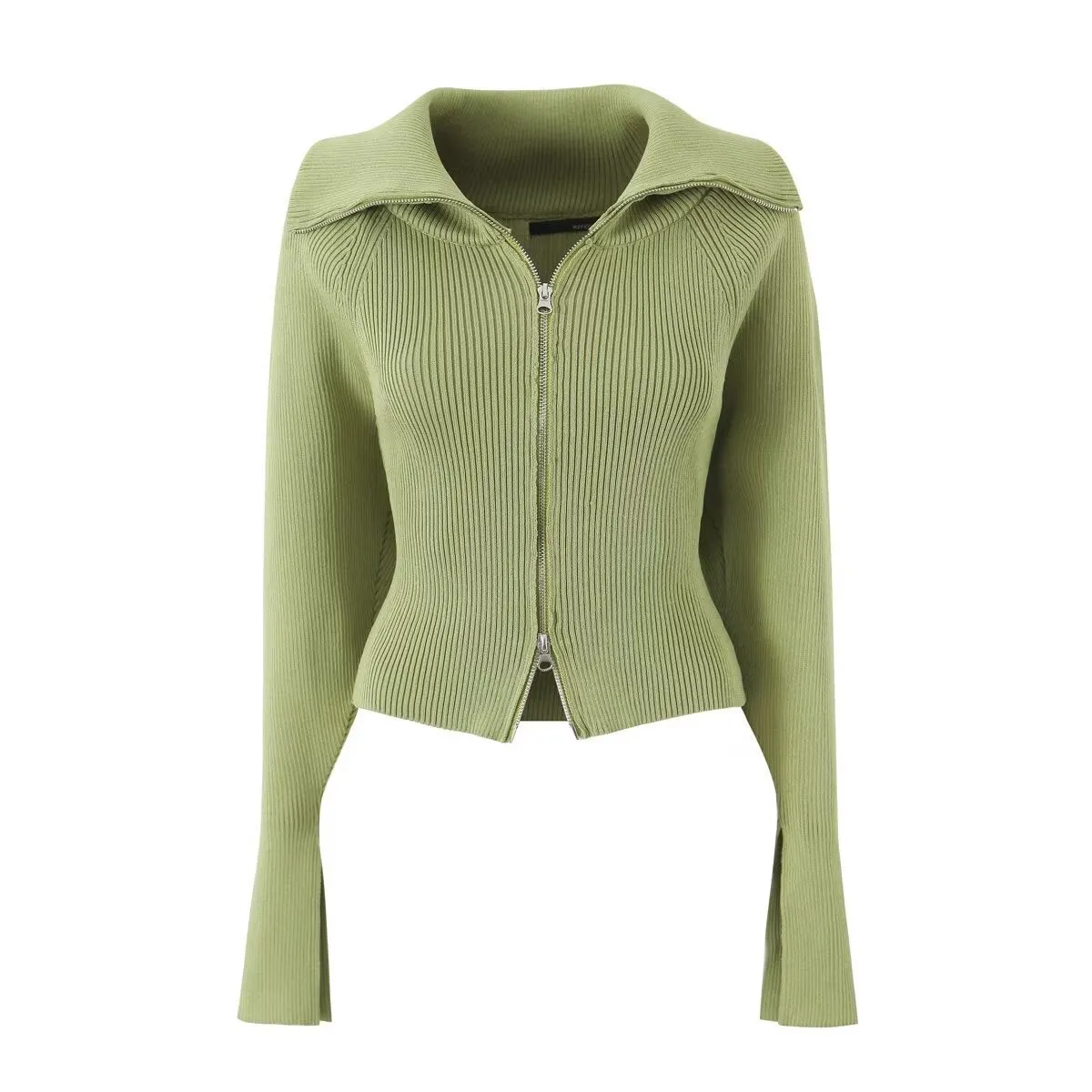 Autumn Double Headed Zipper Collared Long Sleeved Cardigan Women Knitwear