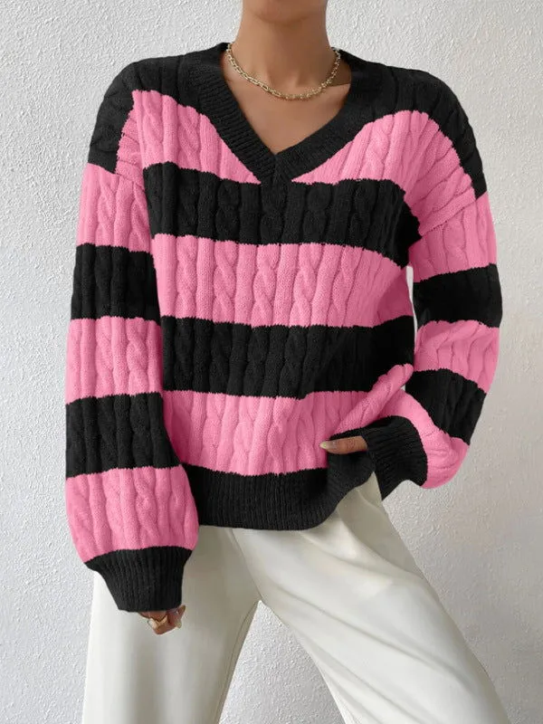 Autumn Winter Lazy Knitwear Loose Women V Neck Retro Contrast Color Striped Sweater