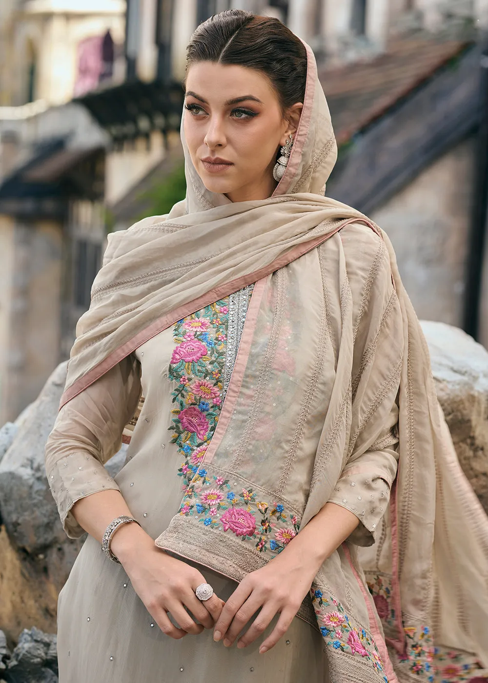 Beige Organza Fancy Khatli Embroidered Pant Style Salwar Suit