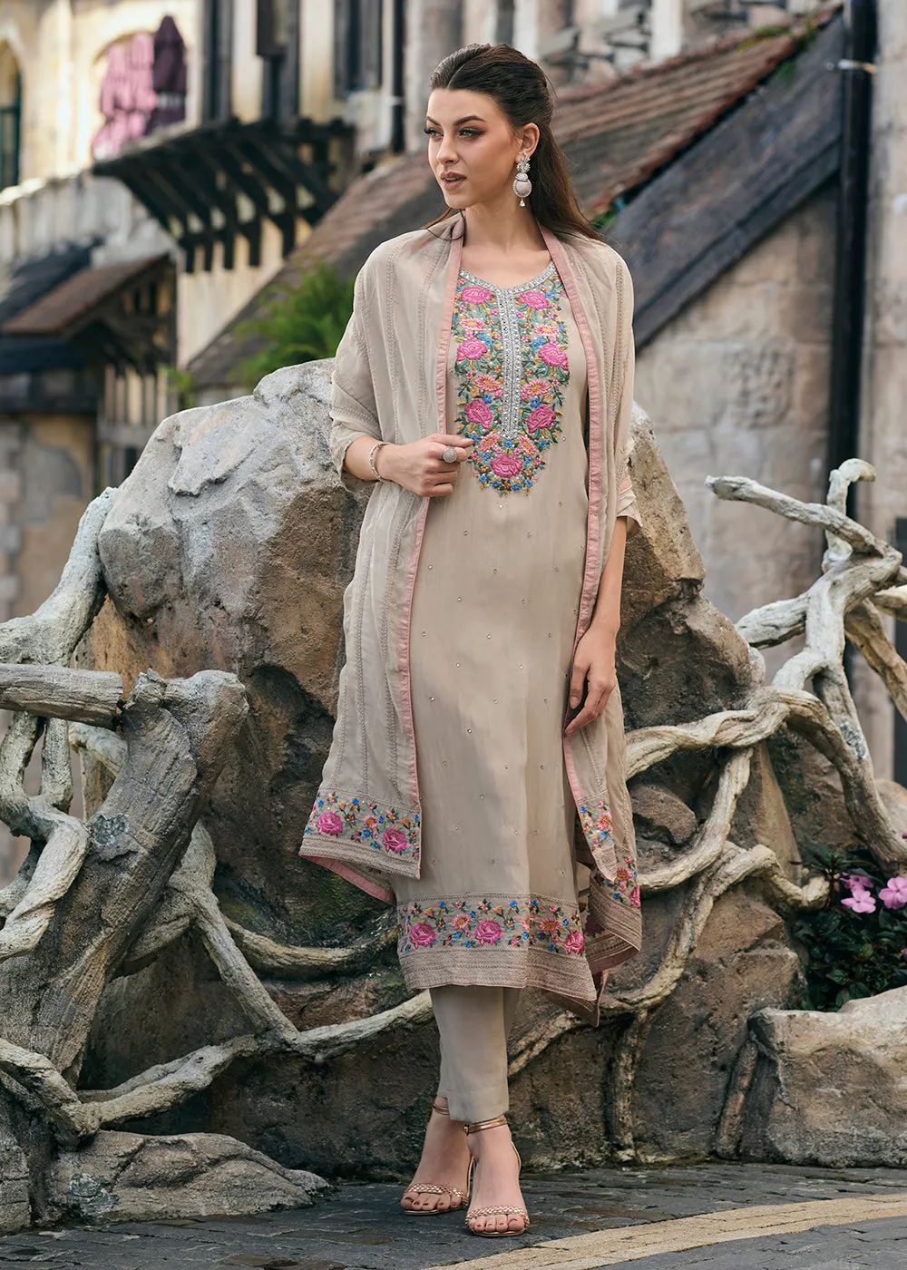 Beige Organza Fancy Khatli Embroidered Pant Style Salwar Suit