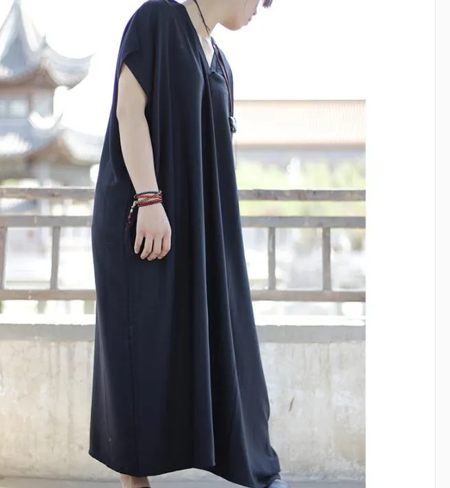 Black Loose Long Summer Linen Cotton V Neck Spring Dresses