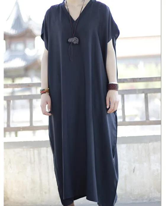 Black Loose Long Summer Linen Cotton V Neck Spring Dresses