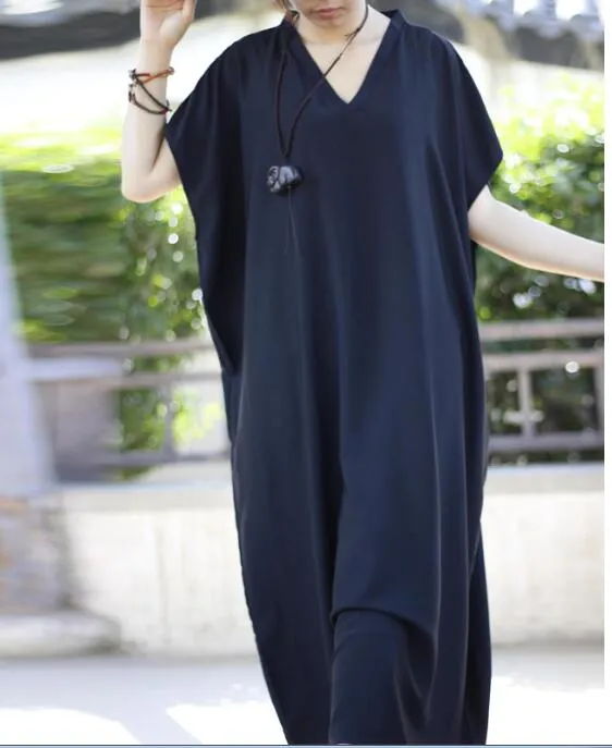 Black Loose Long Summer Linen Cotton V Neck Spring Dresses