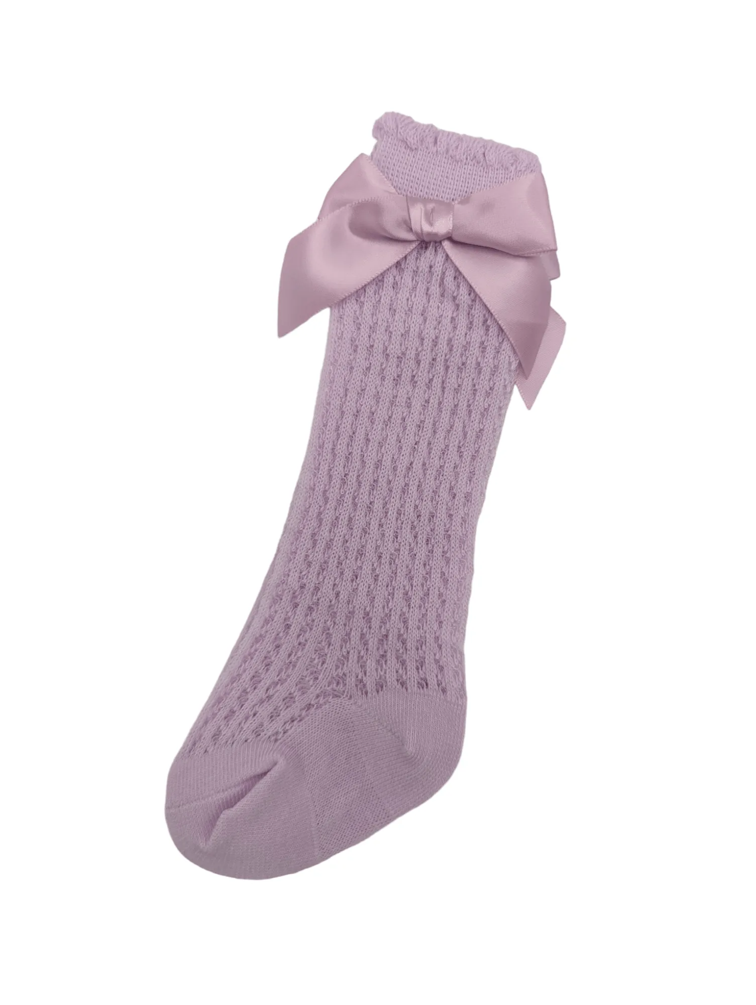 Bright Lilac Open Pattern Knee High Style Socks With Satin 3 Inch Bow