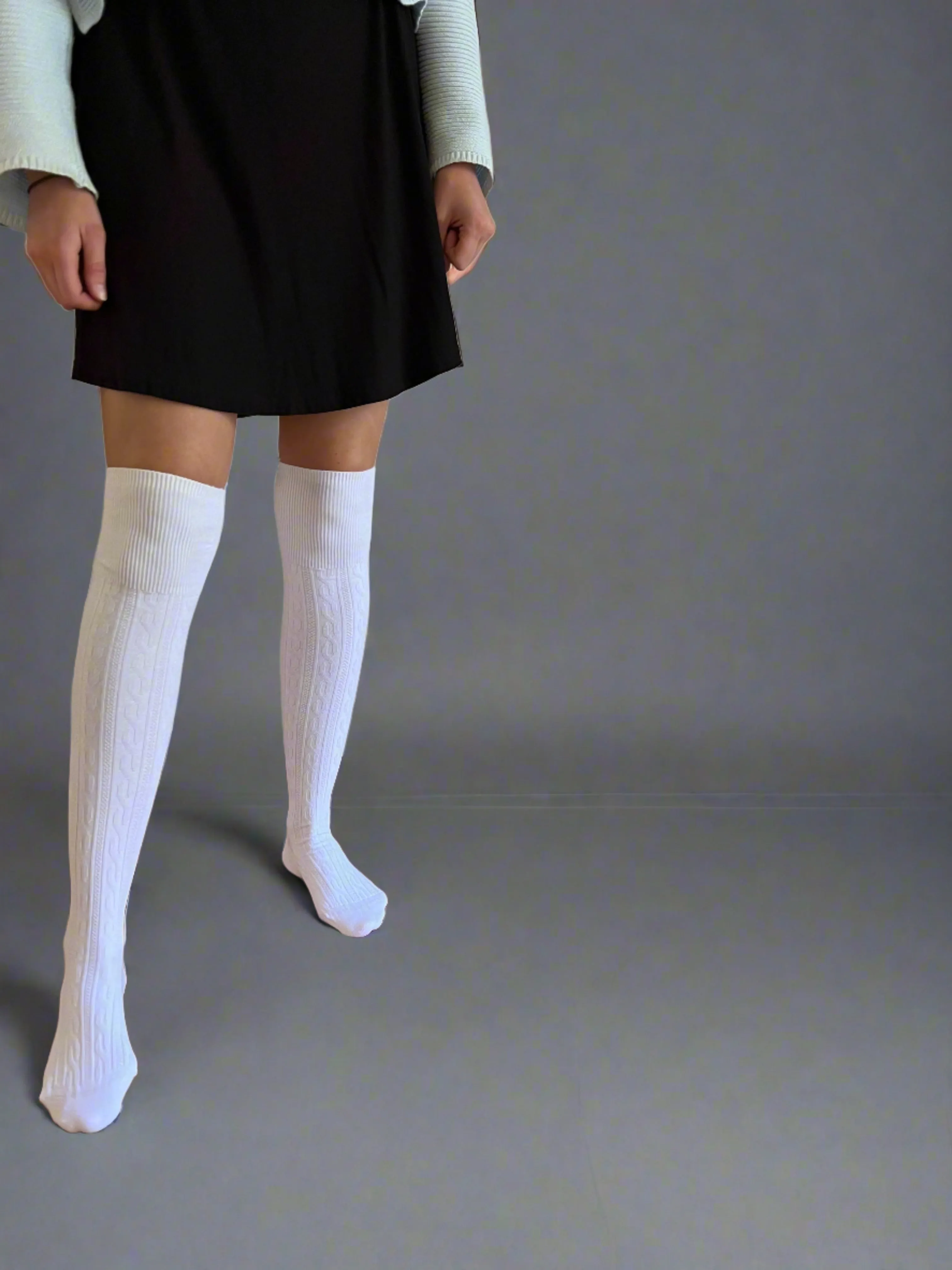 Cable Knit Over The Knee Socks in White  - Aussie Made