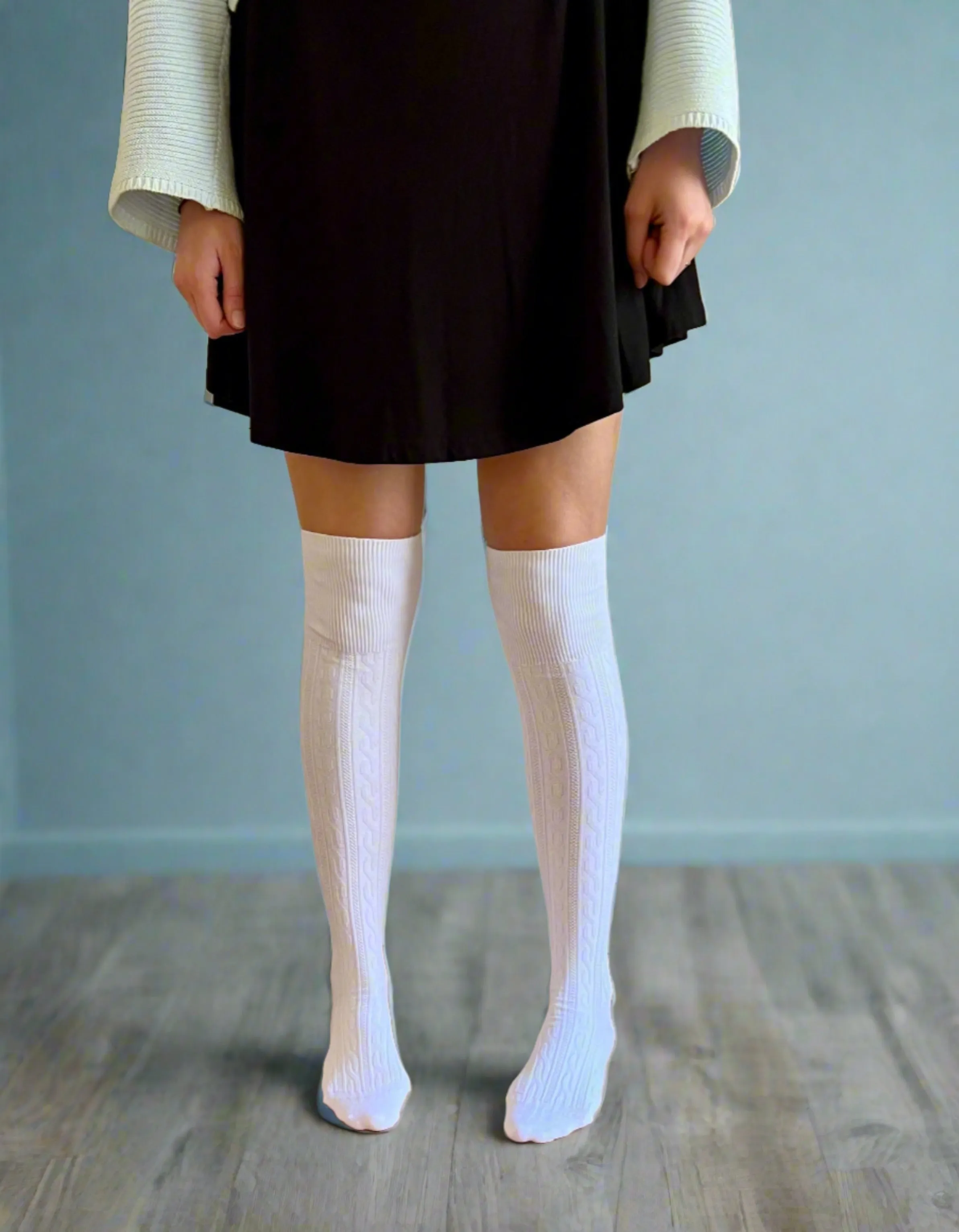 Cable Knit Over The Knee Socks in White  - Aussie Made