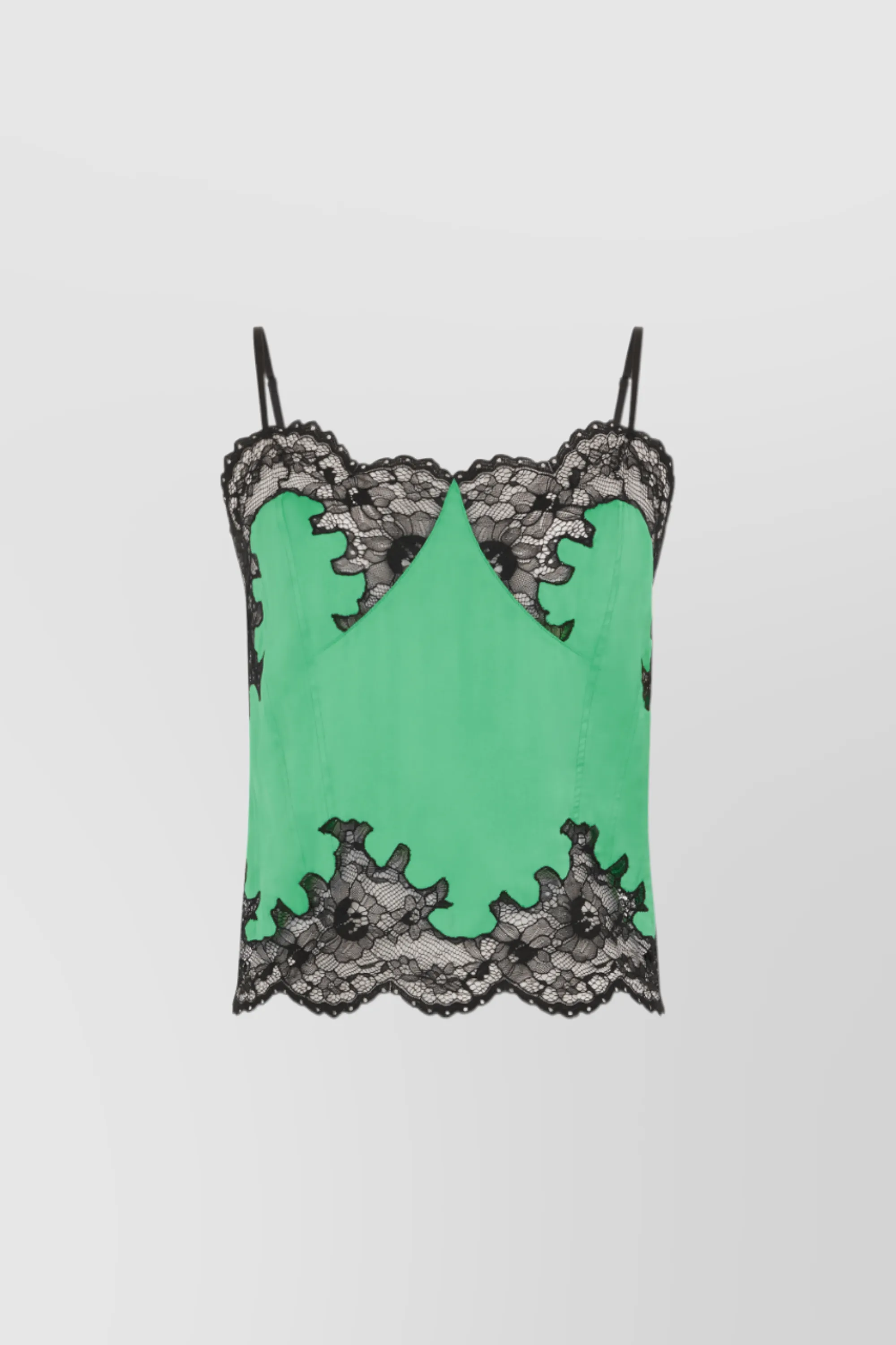 Cami top in bright green satin with lace details