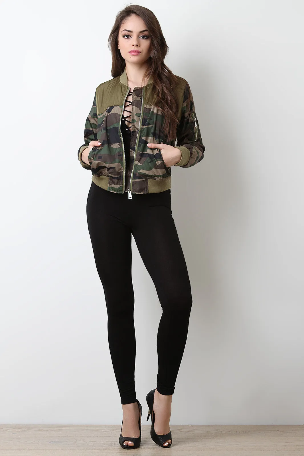 Camouflage Print Zipped Up Colorblock Bomber Jacket