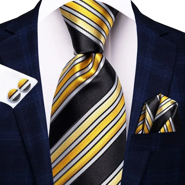 Classy Men Black Yellow White Striped Silk Tie