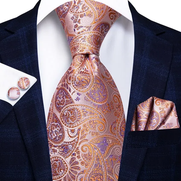 Classy Men Orange Purple Paisley Silk Tie