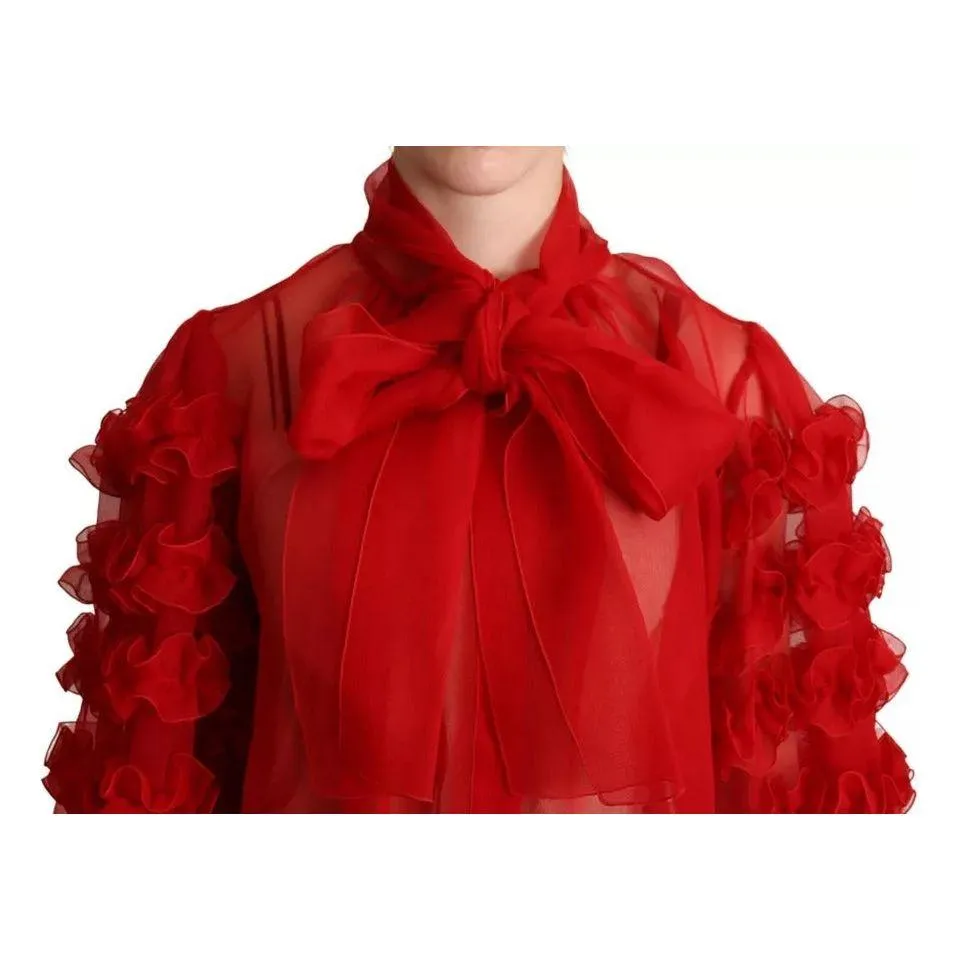 Dolce & Gabbana Red Silk Ascot Collar Ruffles Blouse Top