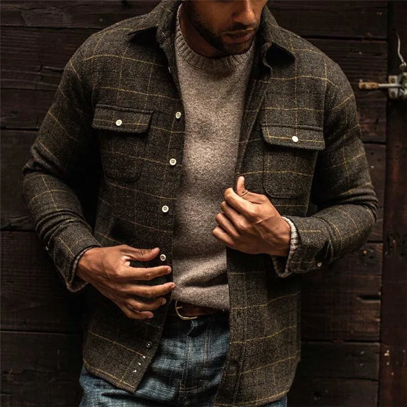 Double Pocket Slim Lapel Plaid Jacket