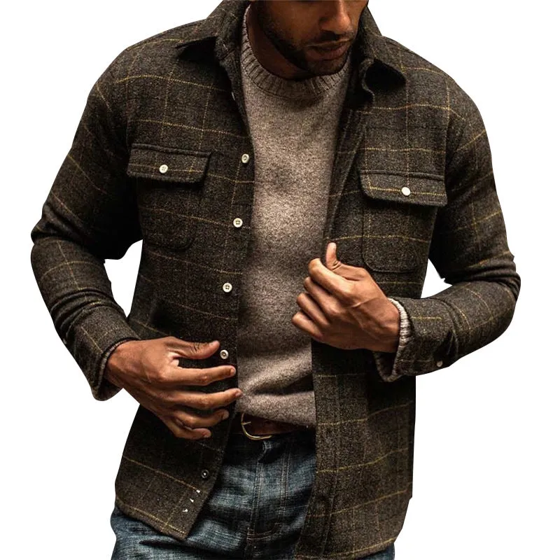 Double Pocket Slim Lapel Plaid Jacket