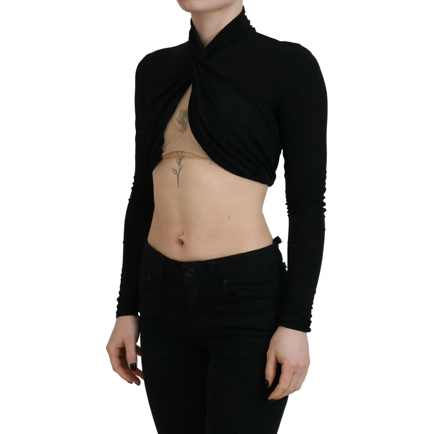 Dsquared² Black Cut Out Viscose Cropped Long Sleeves Top