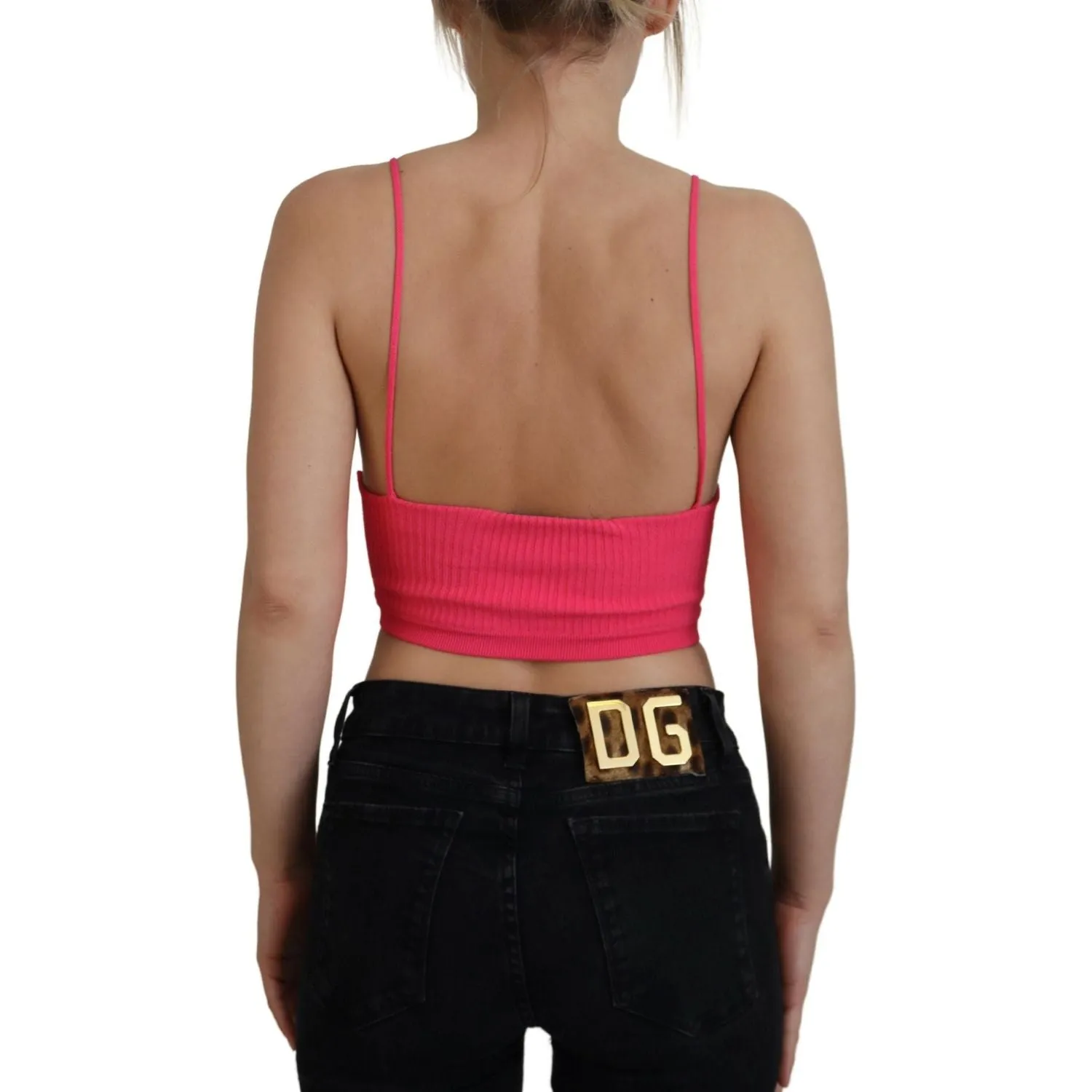 Dsquared² Pink Ribbed Knit Bra Cropped Spaghetti Strap Top