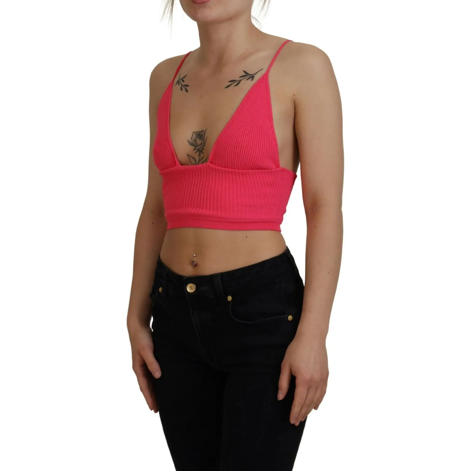 Dsquared² Pink Ribbed Knit Bra Cropped Spaghetti Strap Top