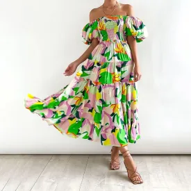 Elegant Neck Sleeve Prints Puff Slash Sexy High Short Skinny Backless Elastic Floral Waist Dress