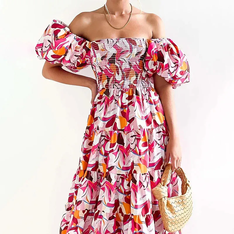 Elegant Neck Sleeve Prints Puff Slash Sexy High Short Skinny Backless Elastic Floral Waist Dress