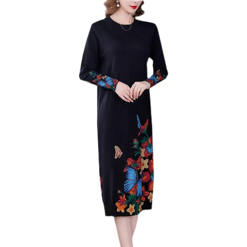 Floral Long Sleeve Knitted Midi Dress