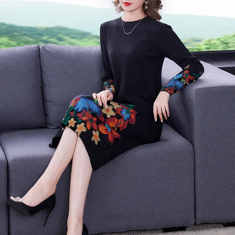 Floral Long Sleeve Knitted Midi Dress