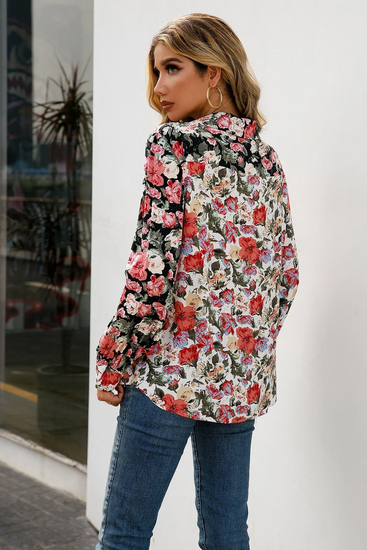 Floral Print Collared Neck Long Sleeve Shirt