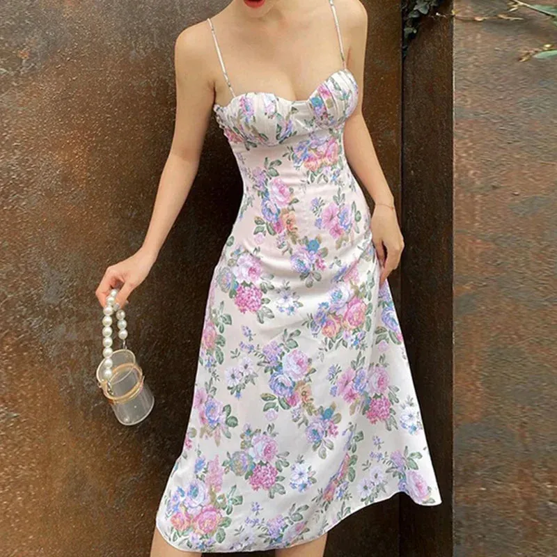 Floral Print Long Low-cut Spaghetti Straps Backless Bodycon Summer Boho Dress