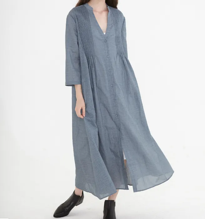 Gray Linen Shirt Women Dresses Buttons Design SJ9201229