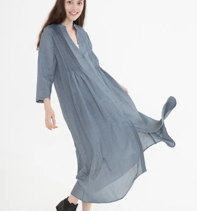 Gray Linen Shirt Women Dresses Buttons Design SJ9201229