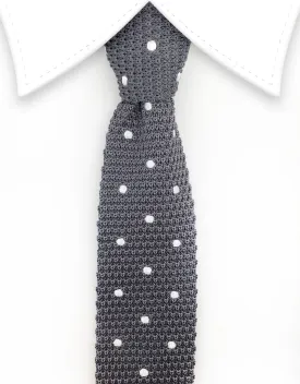 Gray Skinny Knit Tie with Silvery White Polka Dots