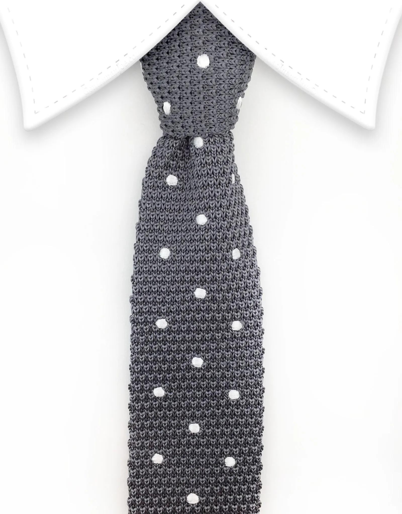 Gray Skinny Knit Tie with Silvery White Polka Dots