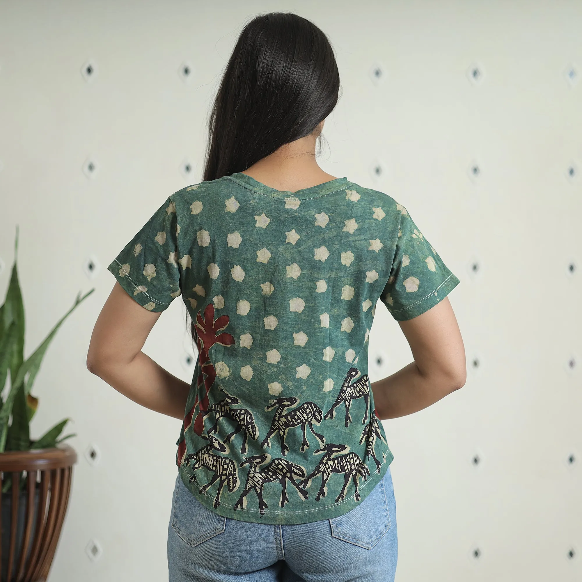 Green - Bindaas Block Art Printed Cotton Women V Neck T-shirt 08