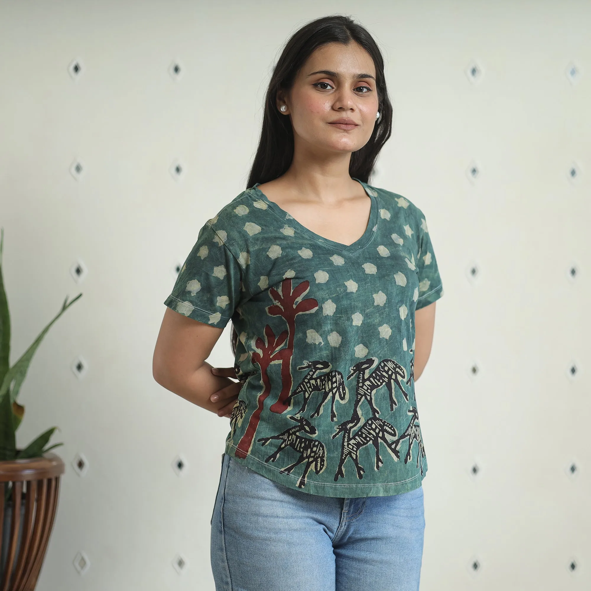 Green - Bindaas Block Art Printed Cotton Women V Neck T-shirt 08