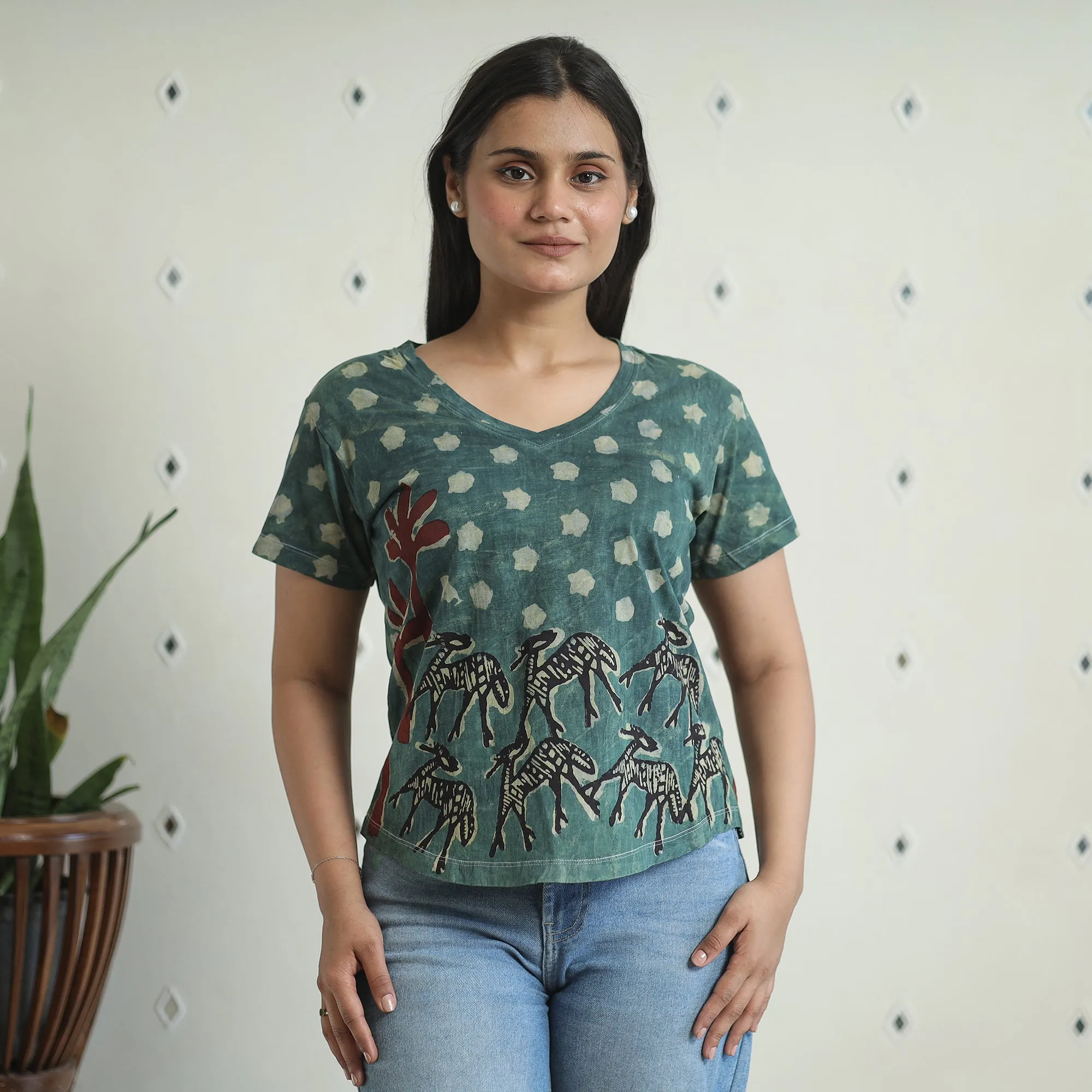 Green - Bindaas Block Art Printed Cotton Women V Neck T-shirt 08