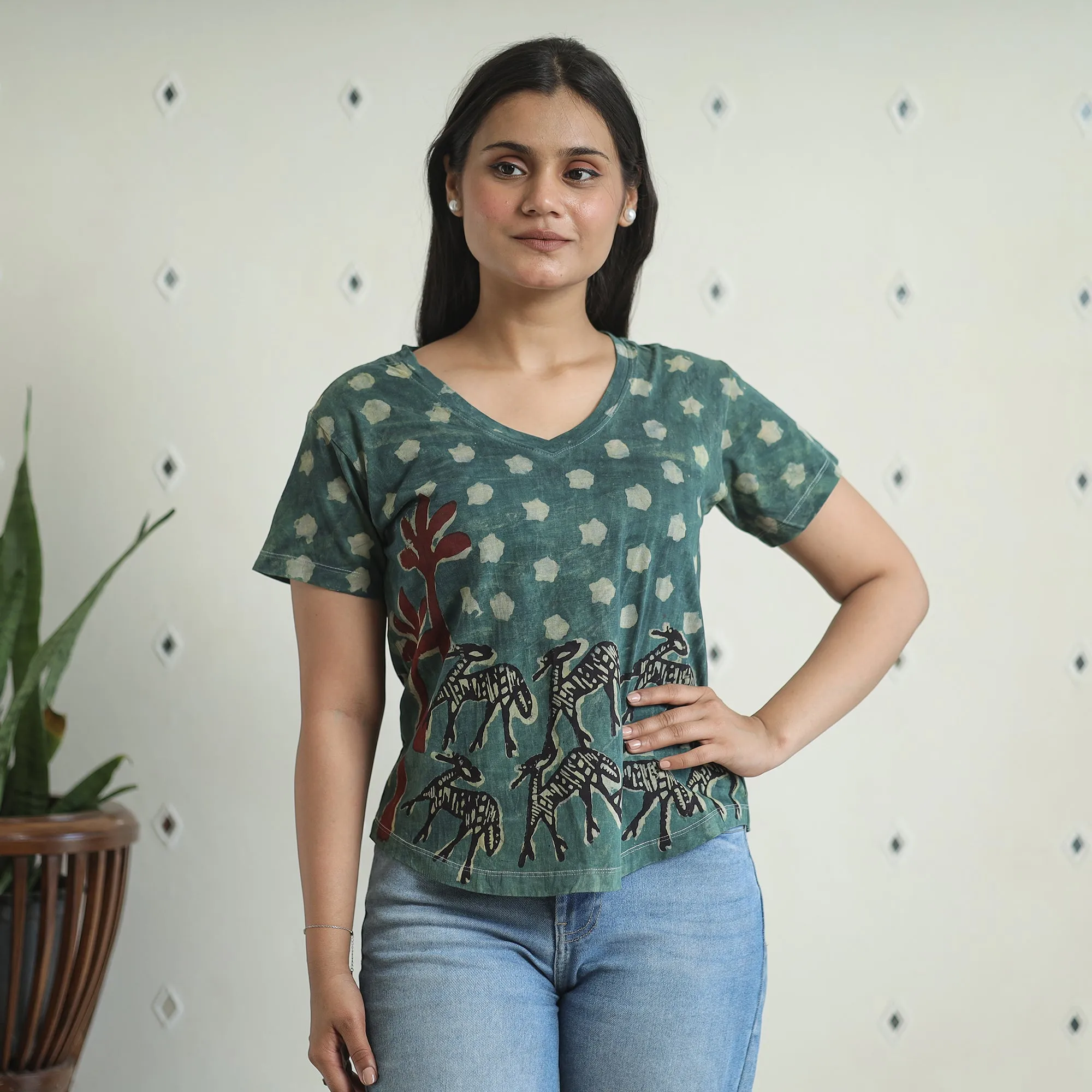 Green - Bindaas Block Art Printed Cotton Women V Neck T-shirt 08