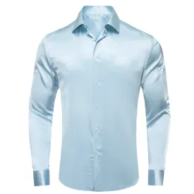 Hi-Tie Sky Blue Shirt Baby Blue Silk Satin Men Long Sleeve Dress Shirt