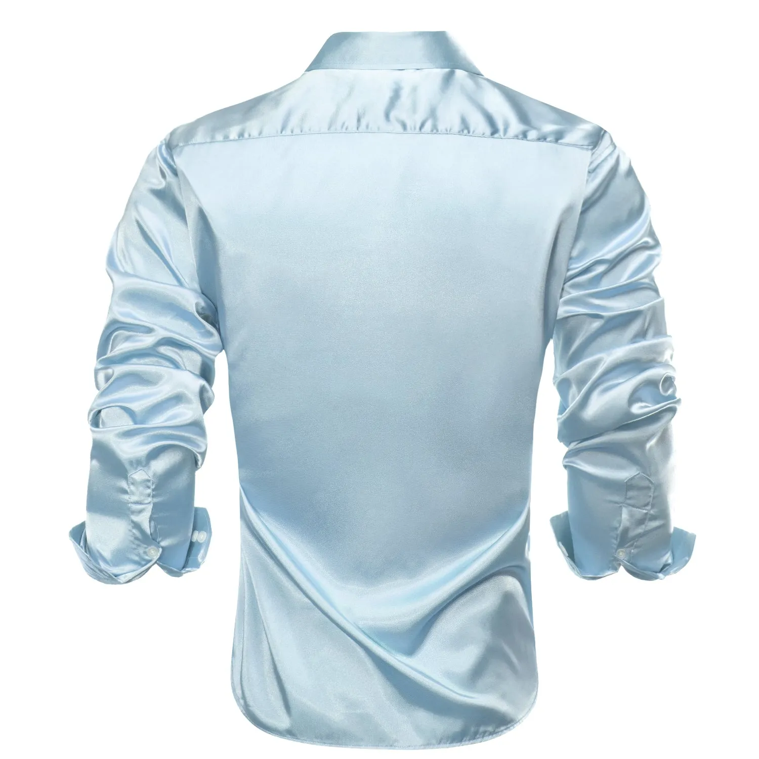 Hi-Tie Sky Blue Shirt Baby Blue Silk Satin Men Long Sleeve Dress Shirt