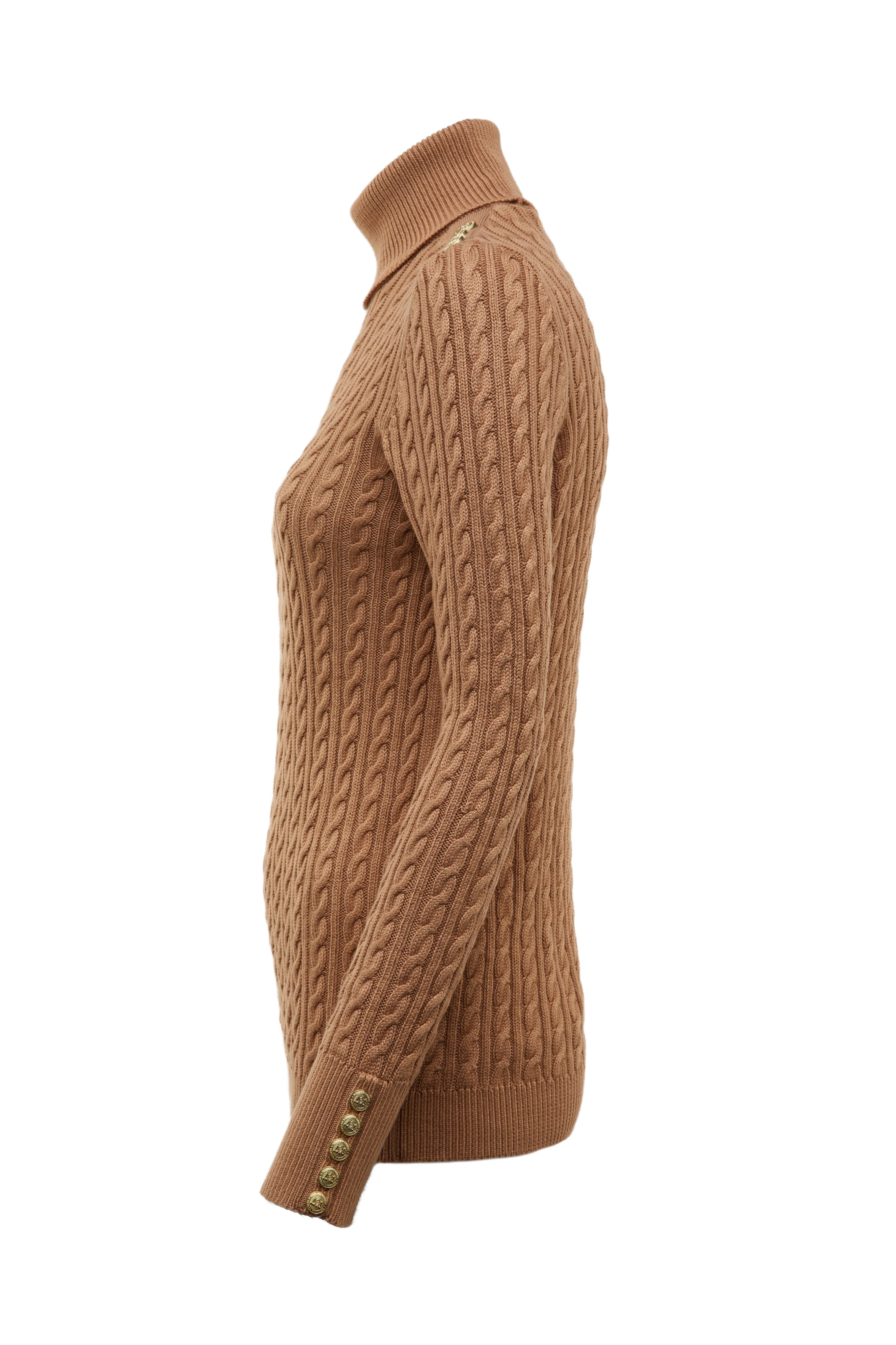 Holland Cooper Seattle Roll Neck Cable Knitwear in Dark Camel Marl