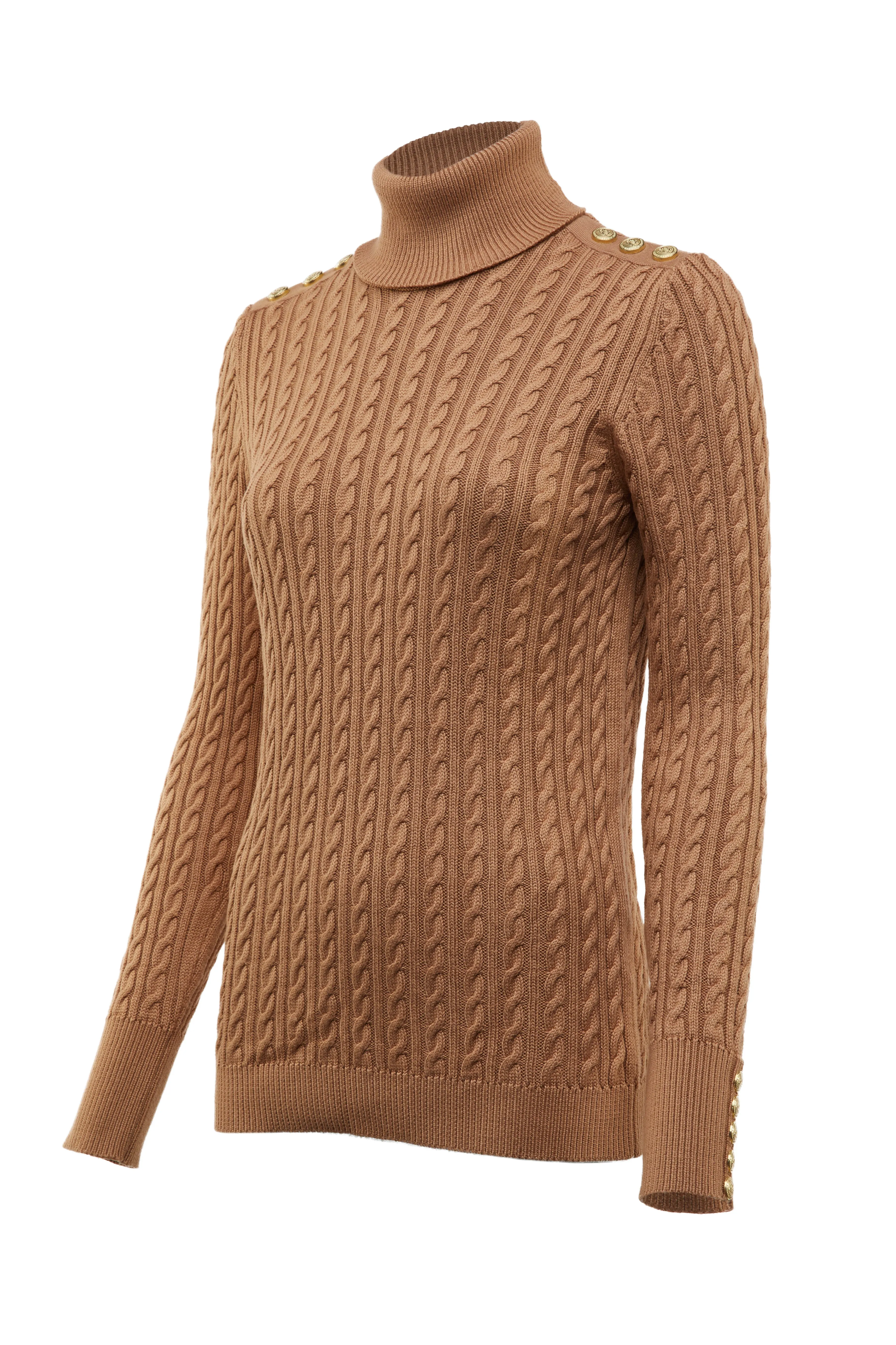 Holland Cooper Seattle Roll Neck Cable Knitwear in Dark Camel Marl