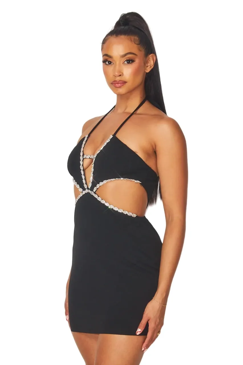 Hot & Delicious Women's Natalie Cut Out Rhinestone Embellished Halter Dress