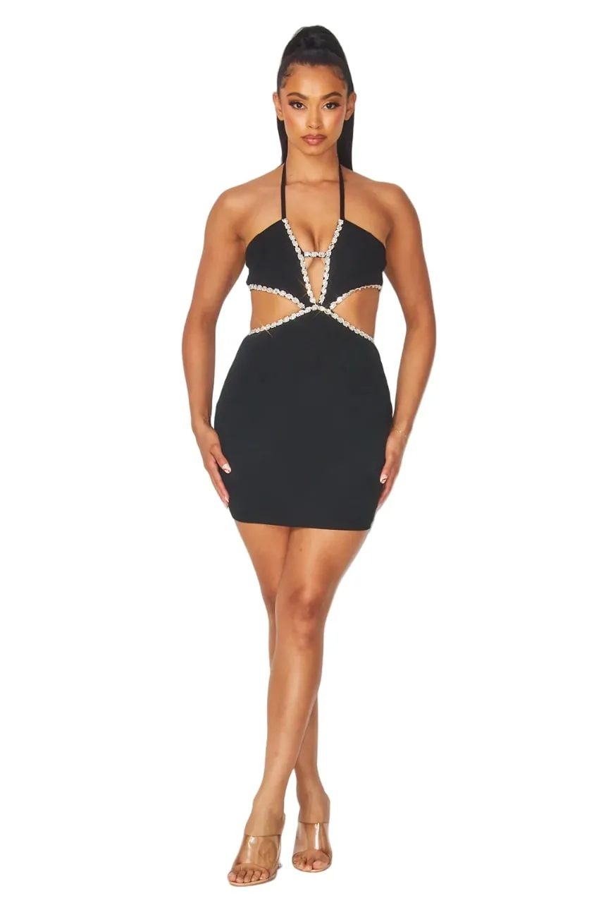 Hot & Delicious Women's Natalie Cut Out Rhinestone Embellished Halter Dress