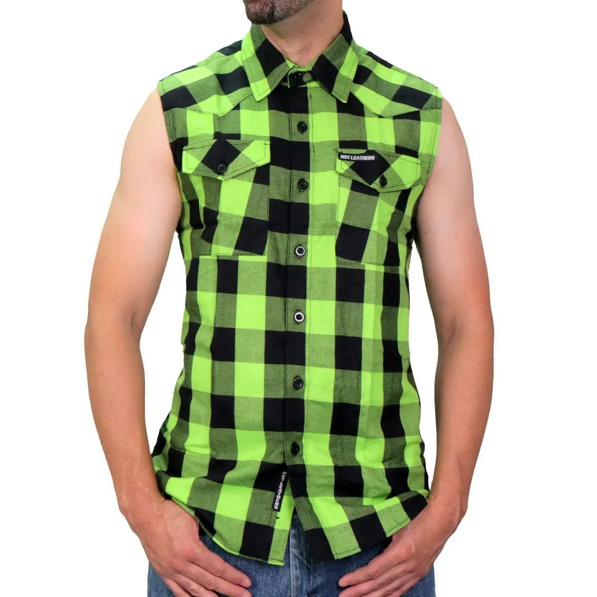 Hot Leathers FLM5002 Men’s Black and Green Sleeveless Cotton Flannel