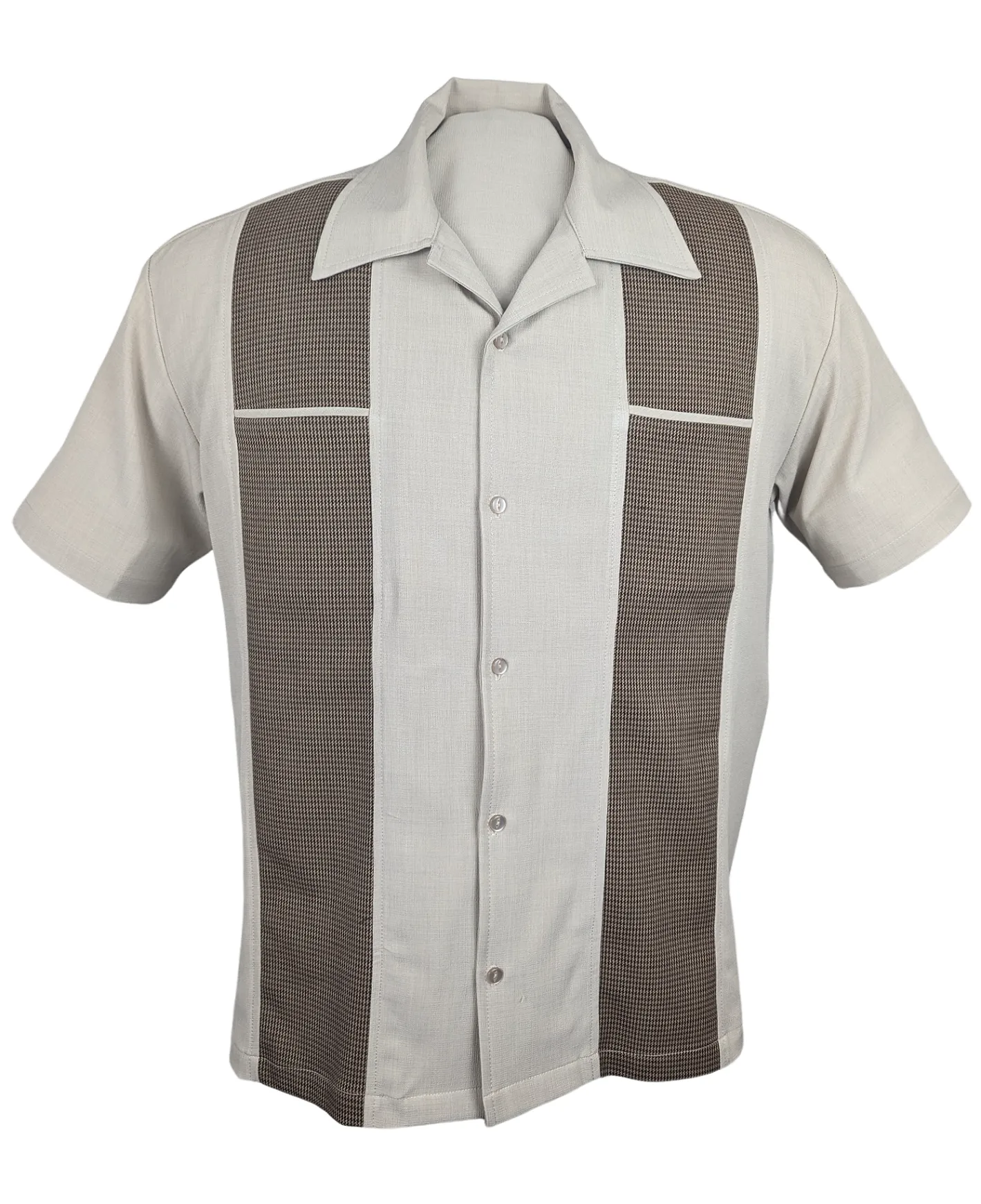 Houndstooth Panel Bowling Shirt in Stone