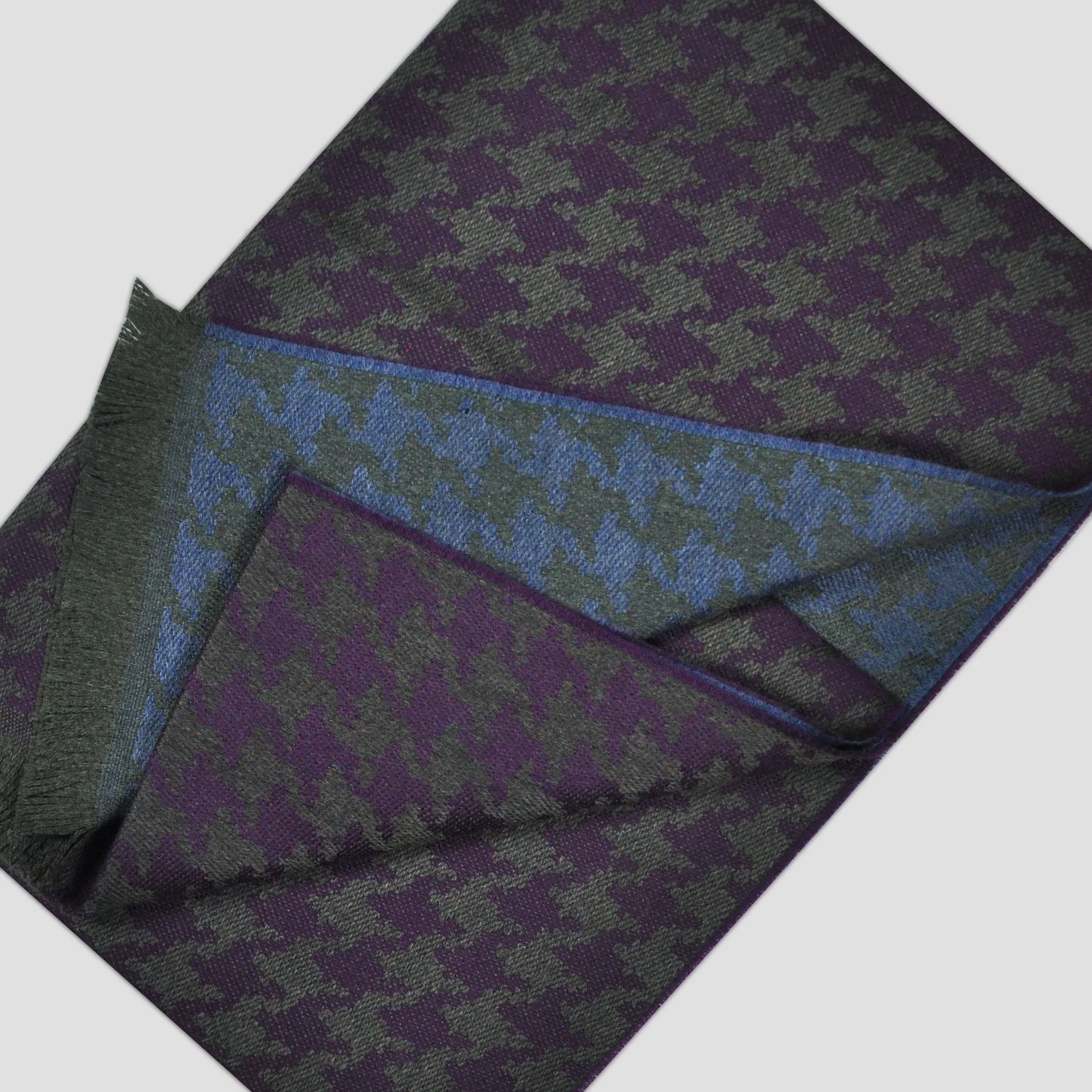 Houndstooth Super Fine Wool Scarf in CLaret, Blue & Olive