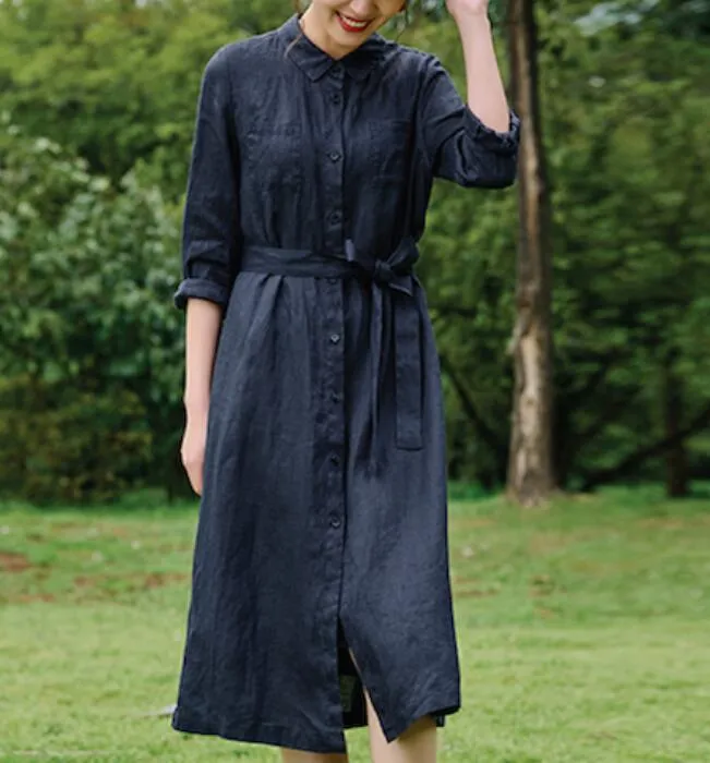 Linen Shirts Dresses long Women Linen Dress Waist Belt/9223