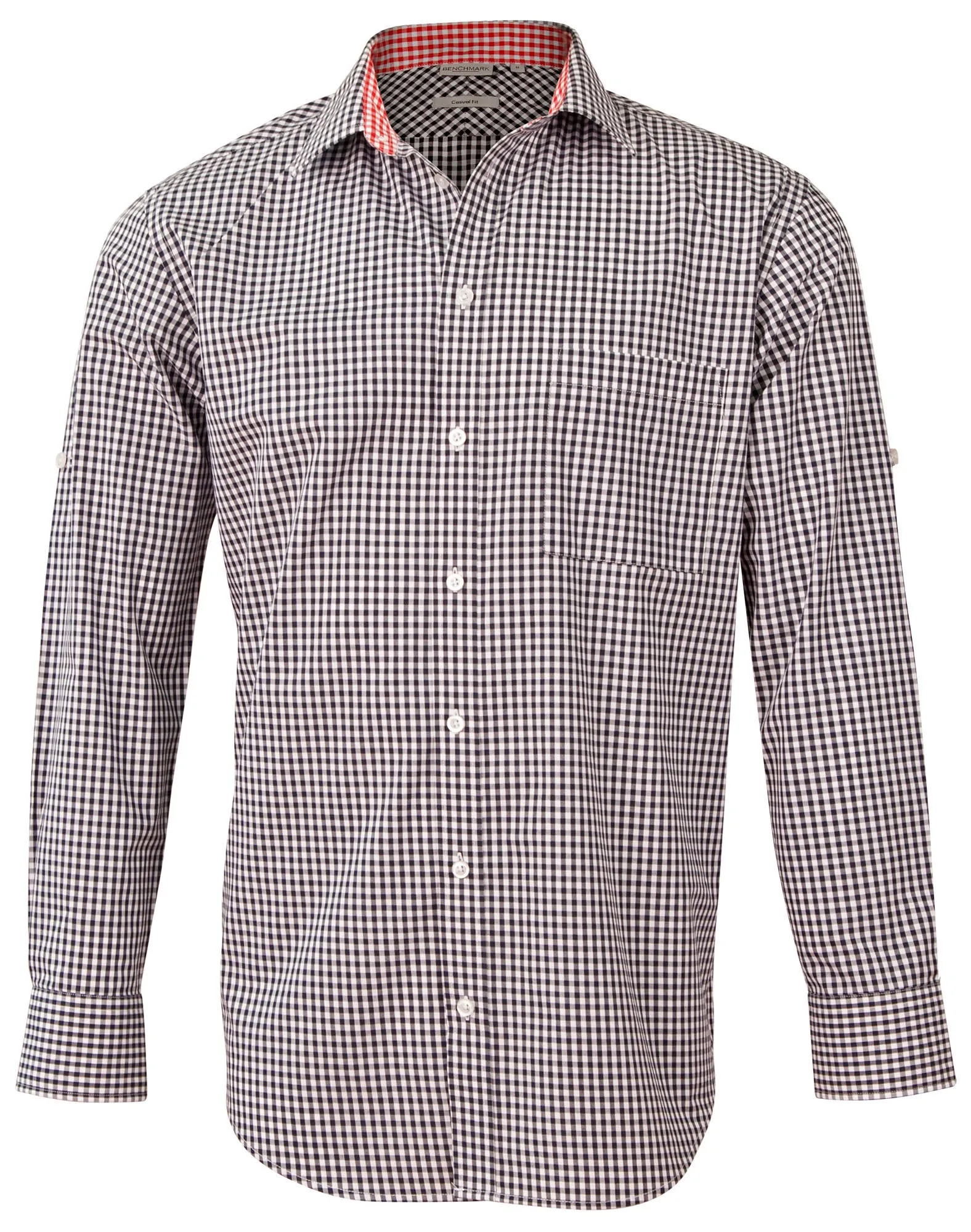 M7330L Men’s Gingham Check Long Sleeve Shirt with Roll-up Tab Sleeve