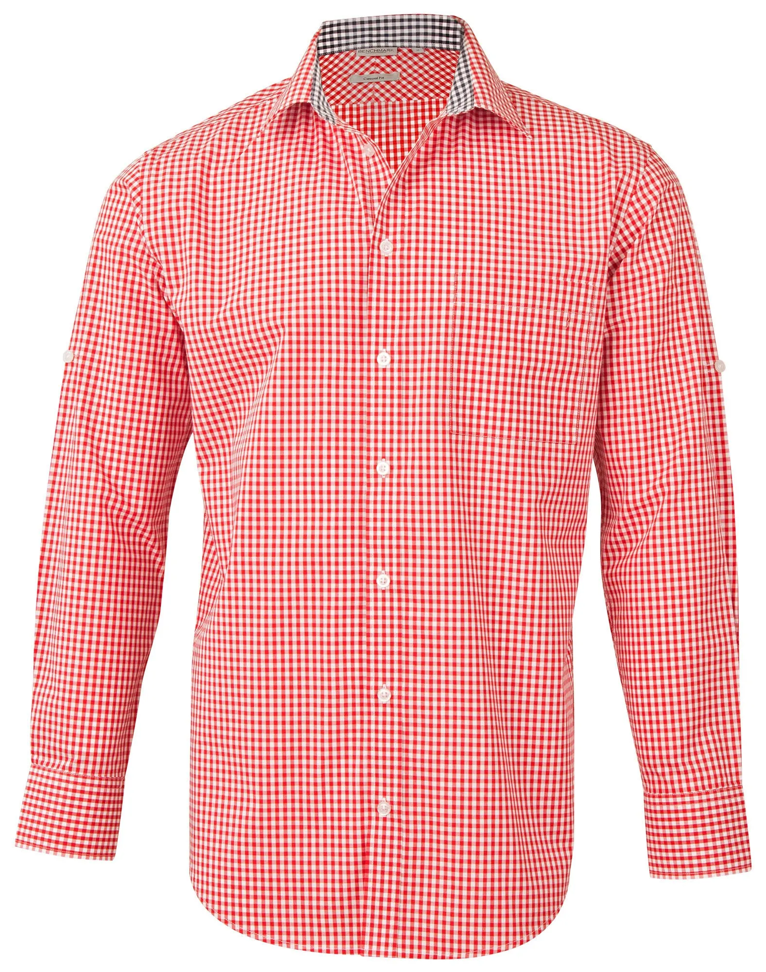 M7330L Men’s Gingham Check Long Sleeve Shirt with Roll-up Tab Sleeve