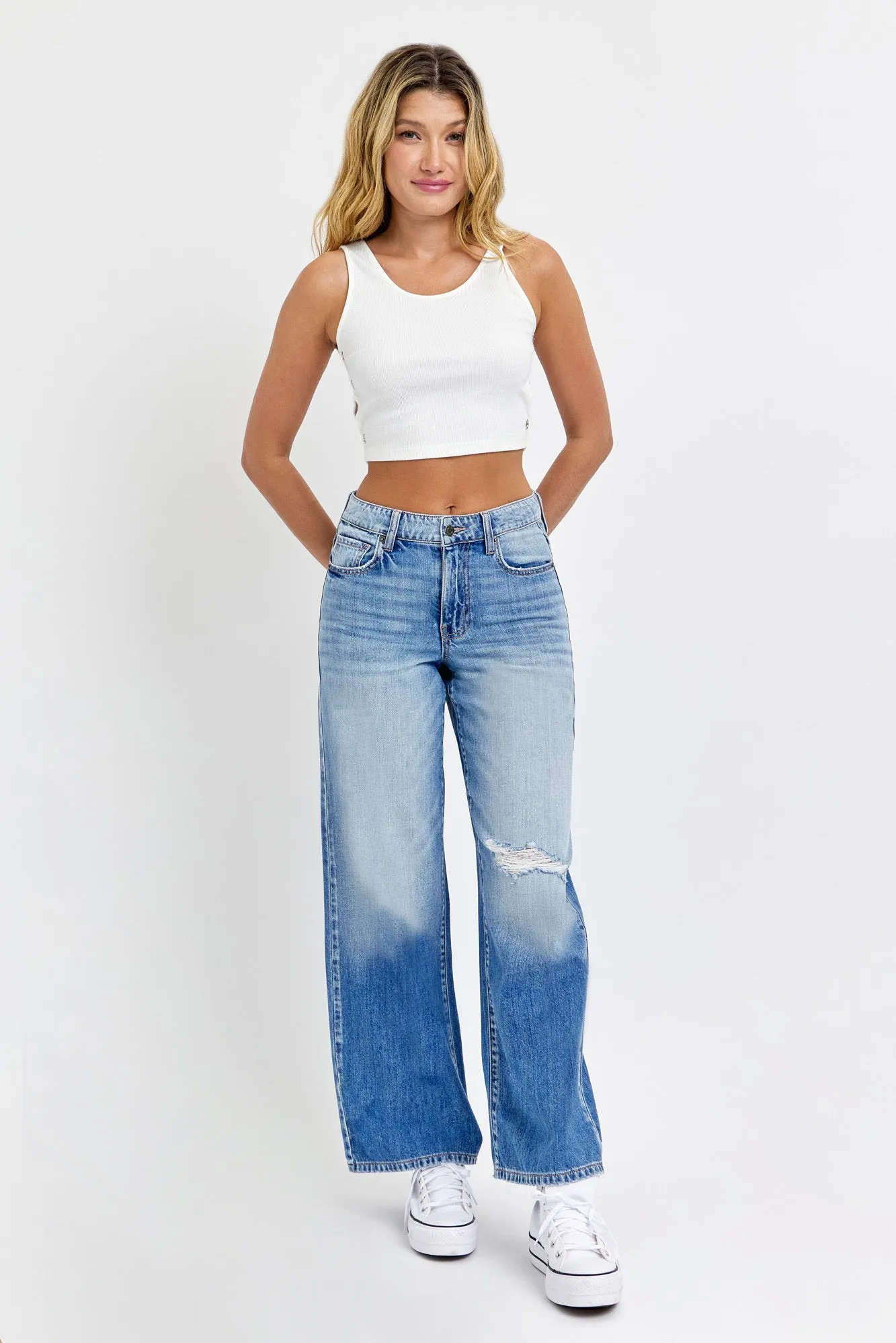 Medium Light Wash Destroyed Wide Leg Jeans