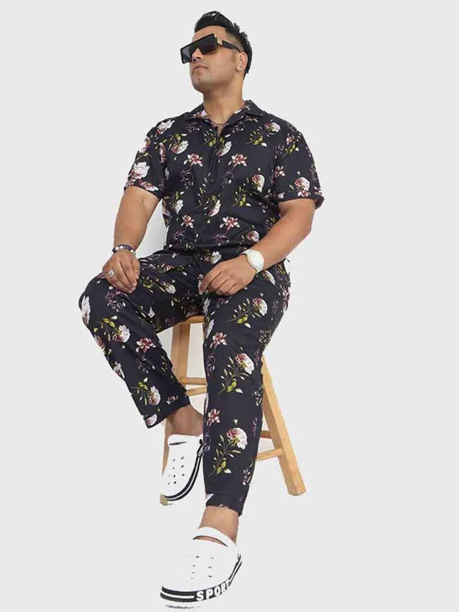 Men Plus Size Black Floral Printed FULL Sleeve Co-Ords