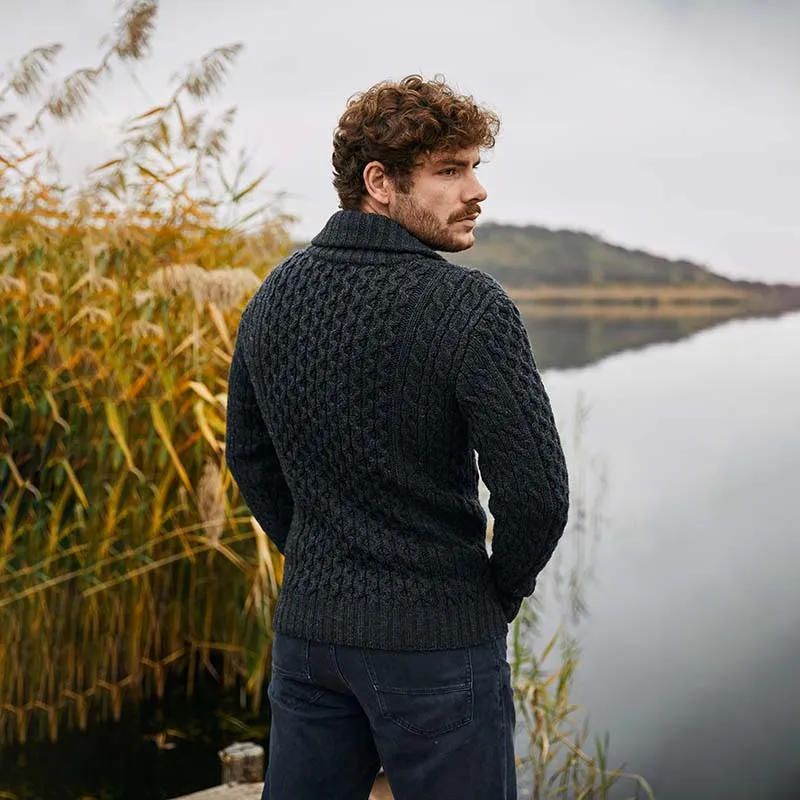 Mens Irish Aran Roll Collar Cardigan